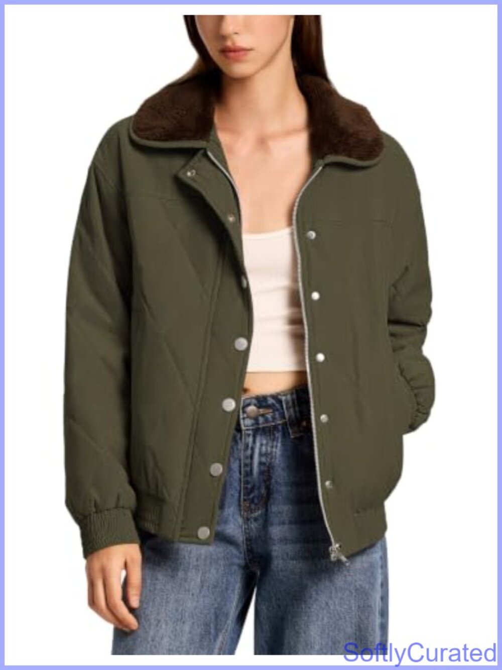 Quilted Puffer Jacket Bomber Fur Collar Snap Zip Winter Coat